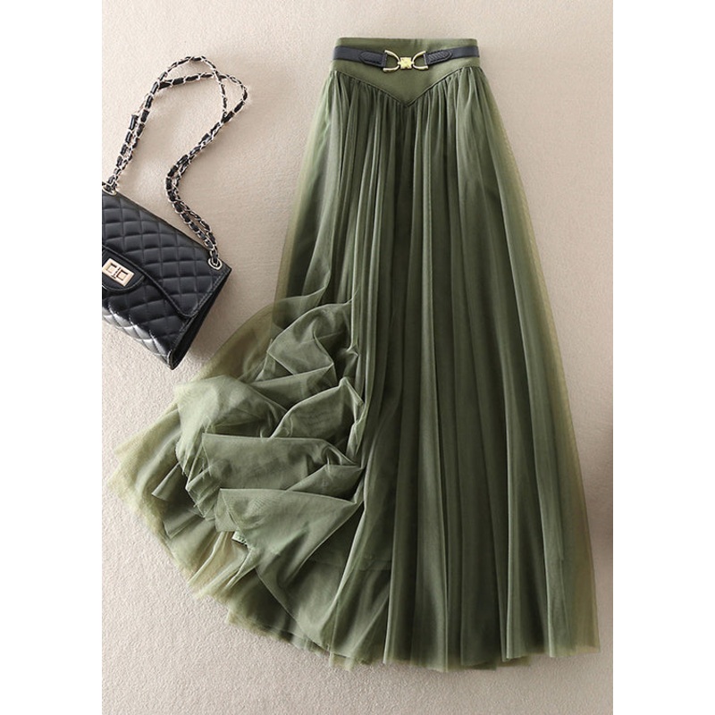 Women Green Wrinkled Elastic Waist Patchwork Tulle Skirts Fall