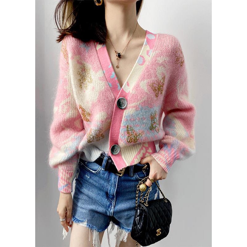 Women Pink V Neck Button Patchwork Cotton Knit Coats Long Sleeve