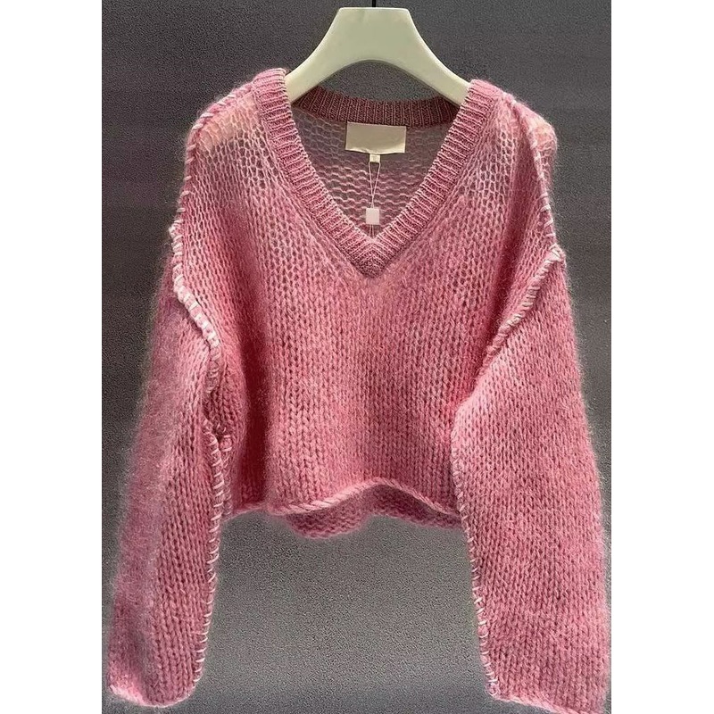 Women Pink V Neck Hollow Out Cotton Knit Sweaters Fall