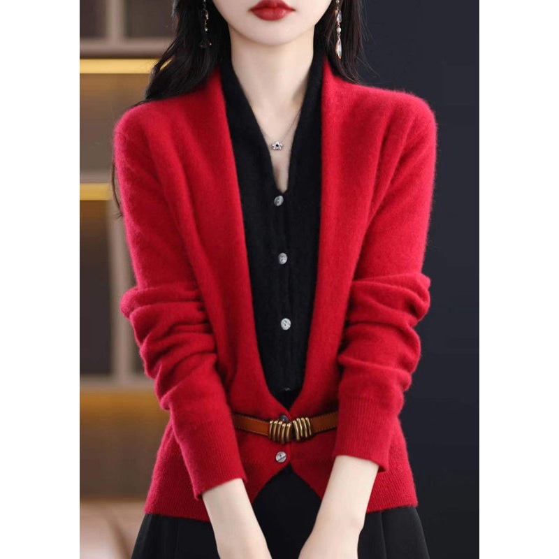 Women Red V Neck Patchwork False Two Pieces Woolen Top Fall
