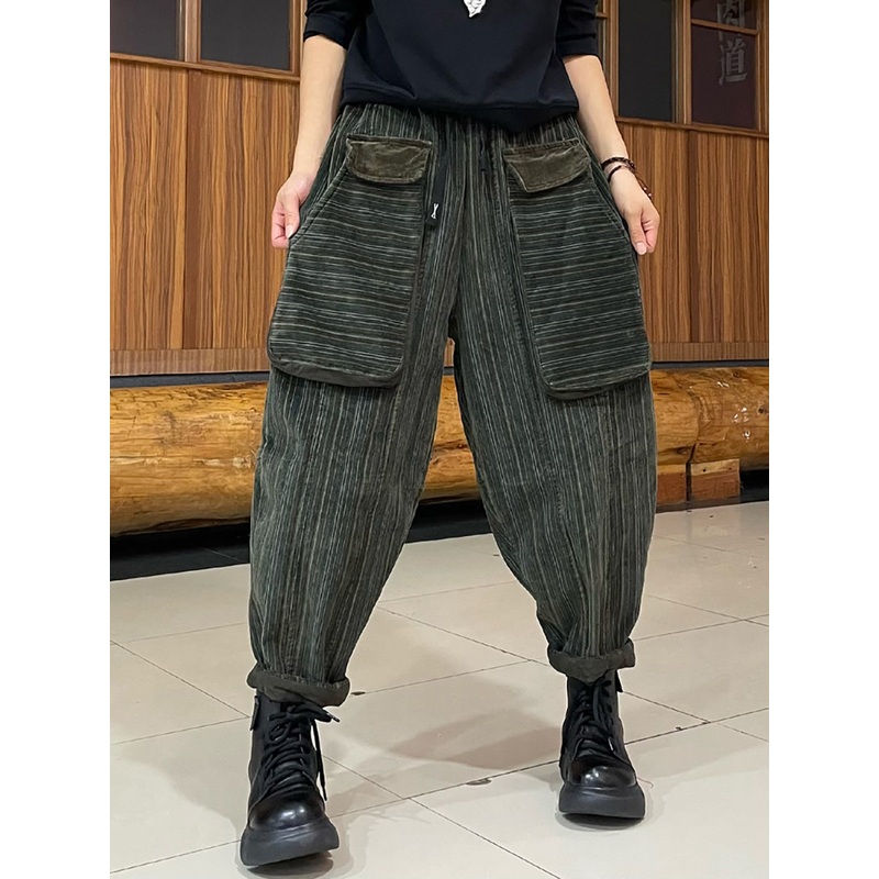Women Retro Stripe Thicken Corduroy Harem Pants