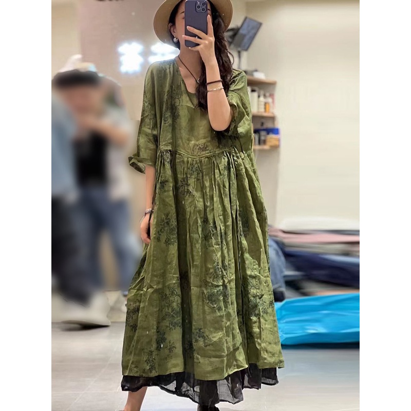 Women Summer Pleat Print Stitching Loose Worn Linen Dress