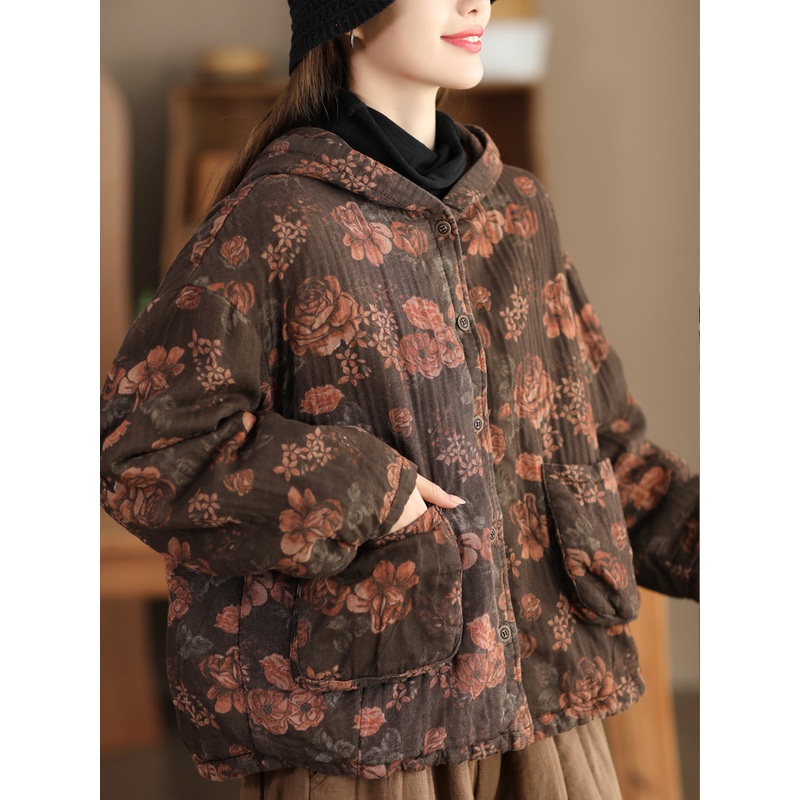 Women Vintage Flower Hooded Cotton Coat
