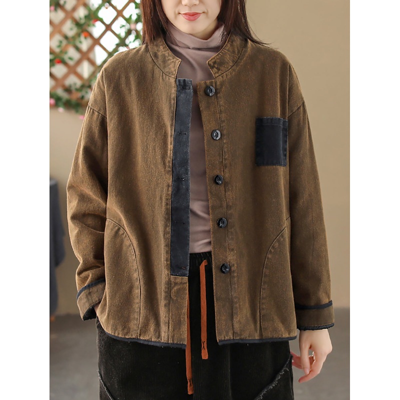 Women Vintage Patch Spliced Stand Collar Coat