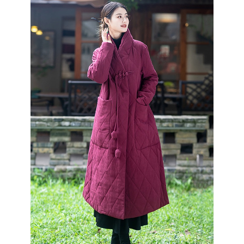 Women Vintage Solid Buckle Linen Padded Coat