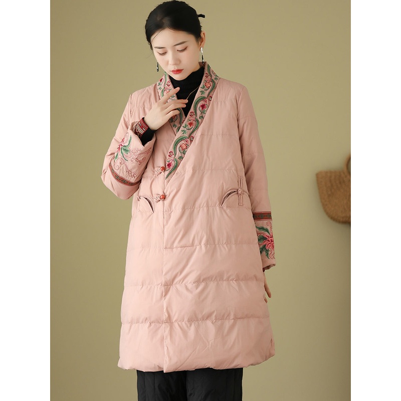 Women Winter Ethnic Embroidery Long Down Coat