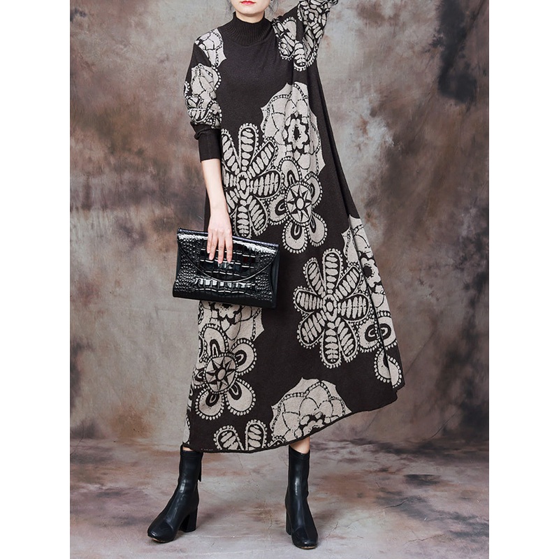 Women Winter Flower Knitted Turtleneck Loose Dress