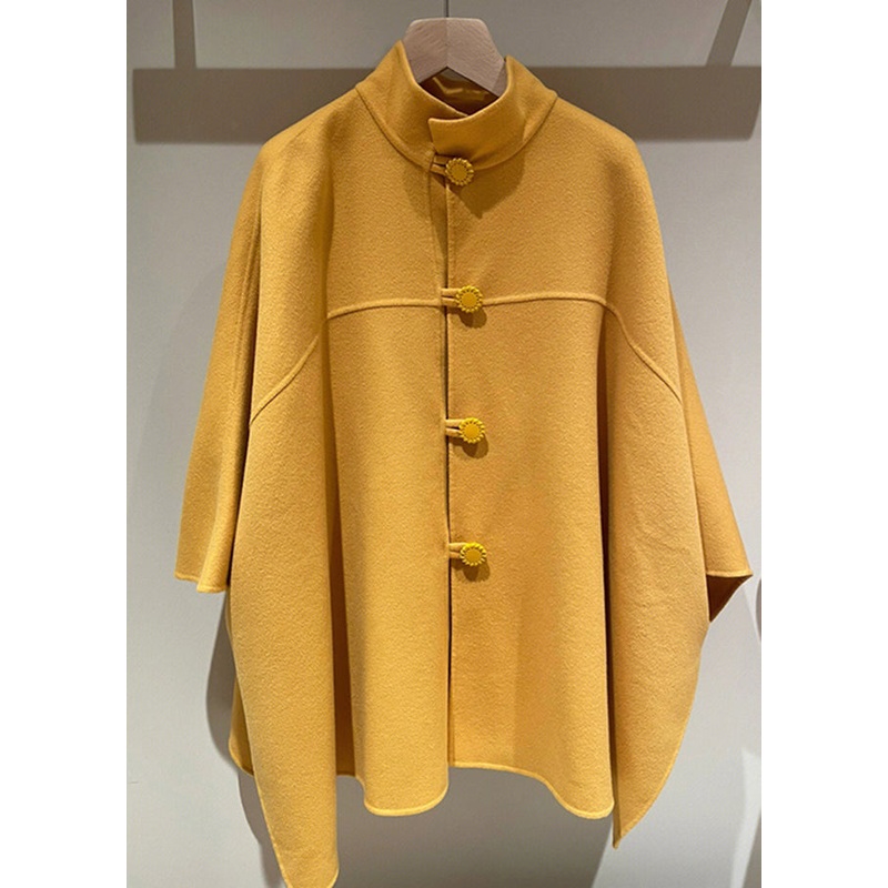 Women Yellow Stand Button Patchwork Woolen Cape Coats Fall