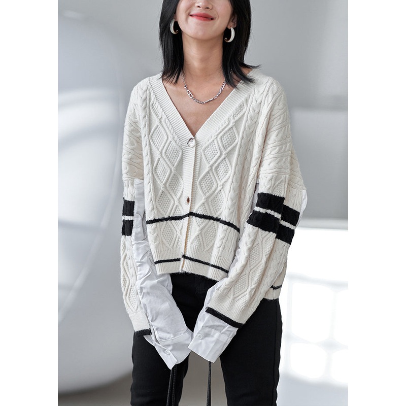 Apricot Wrinkled Cozy Cotton Knit Top V Neck Long Sleeve