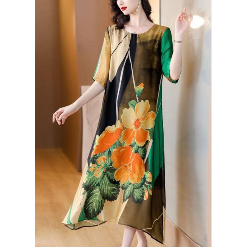 Art Green O Neck Print Patchwork Silk Dress Summer