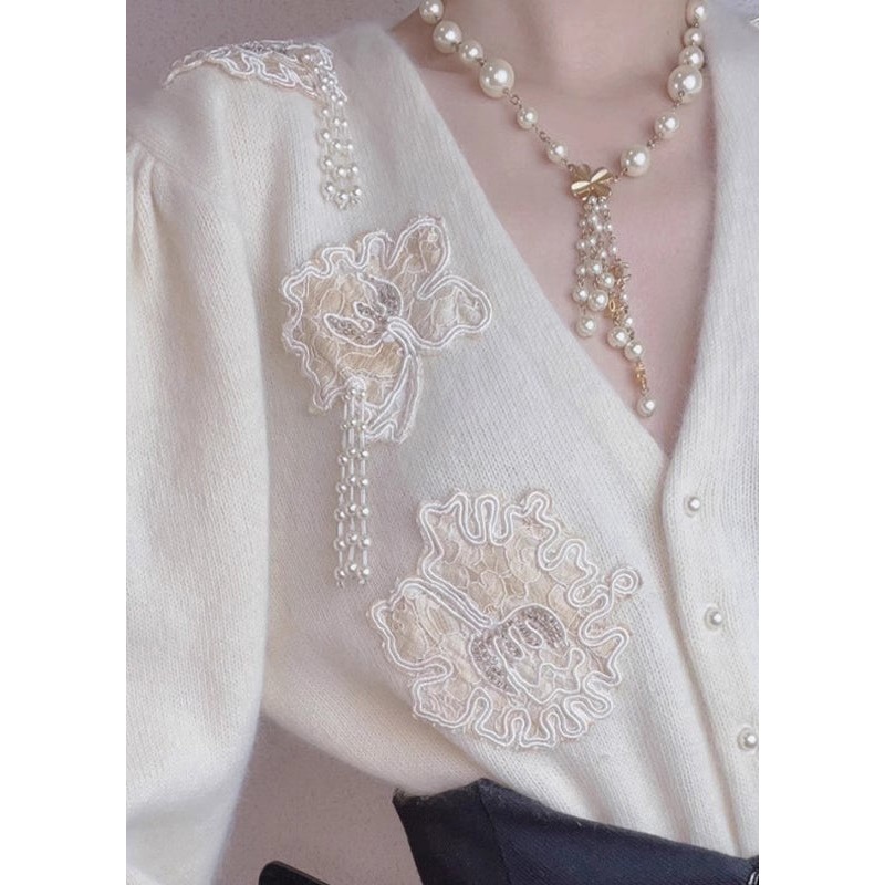 Beautiful Beige Button Nail Bead Patchwork Wool Top Fall