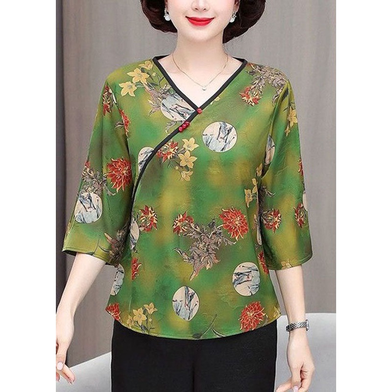 Beautiful Green V Neck Print Button Silk Tops Summer