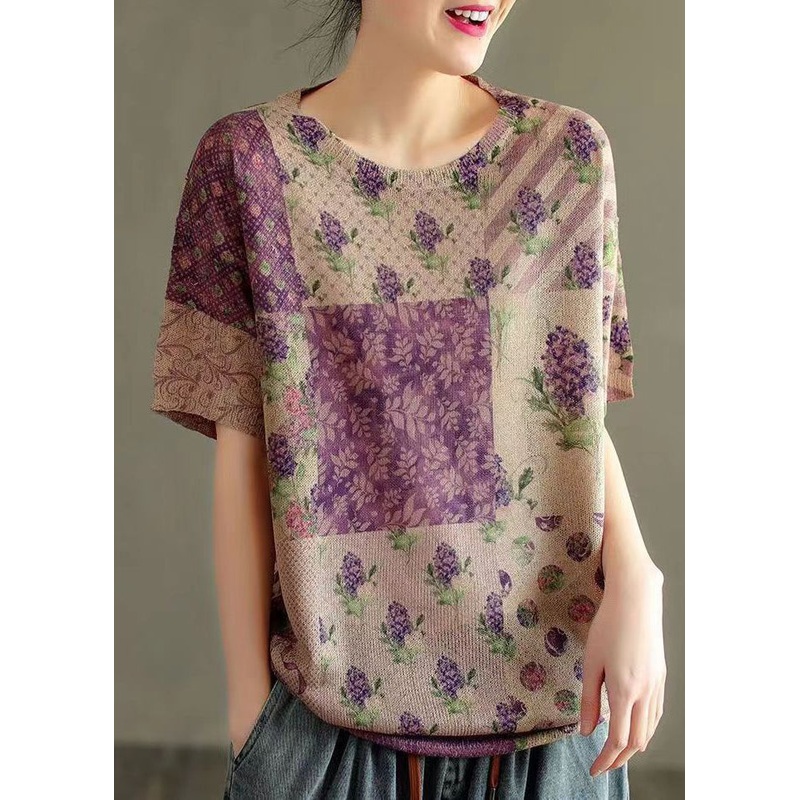 Beautiful Purple O Neck Print Patchwork Thin Cotton Knit Tops Summer