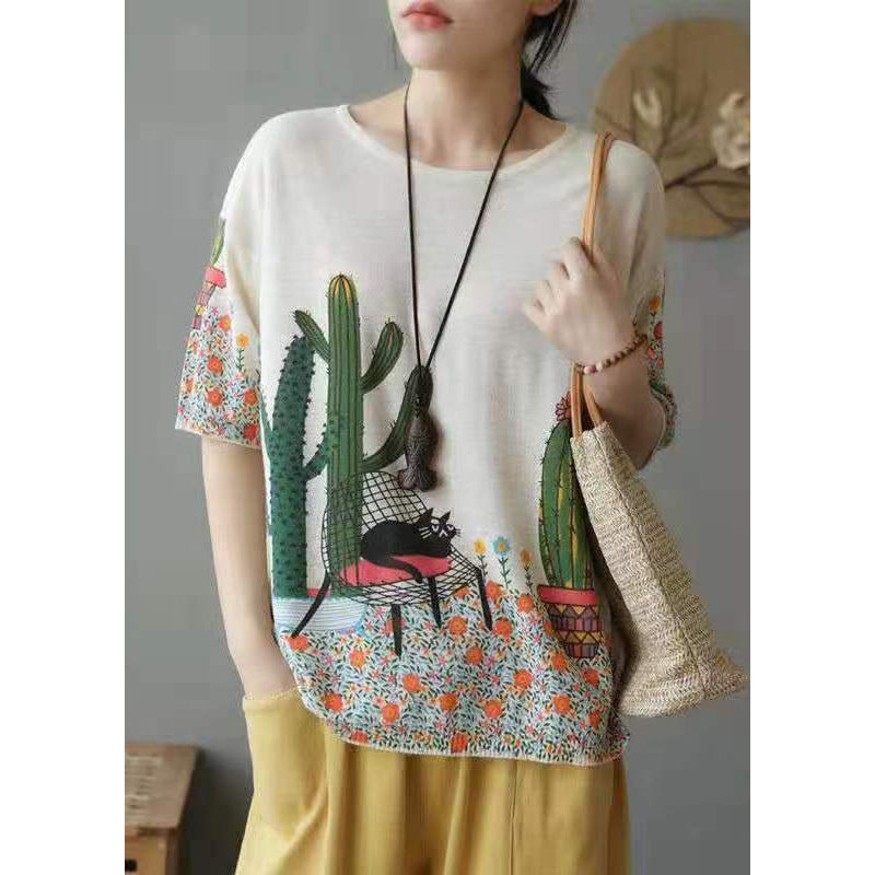 Beige Cozy Patchwork Cotton Knit Top O Neck T Short Short Sleeve