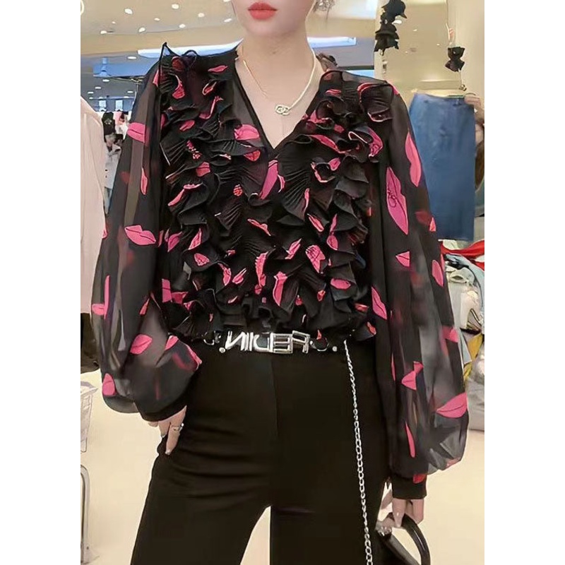 Black Print Patchwork Chiffon Shirts Top V Neck Ruffled Summer
