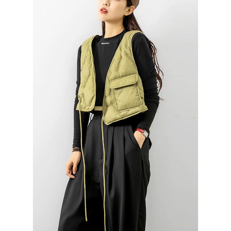 Boho Light Green V Neck tie waist fashion Winter Sleeveless down vest