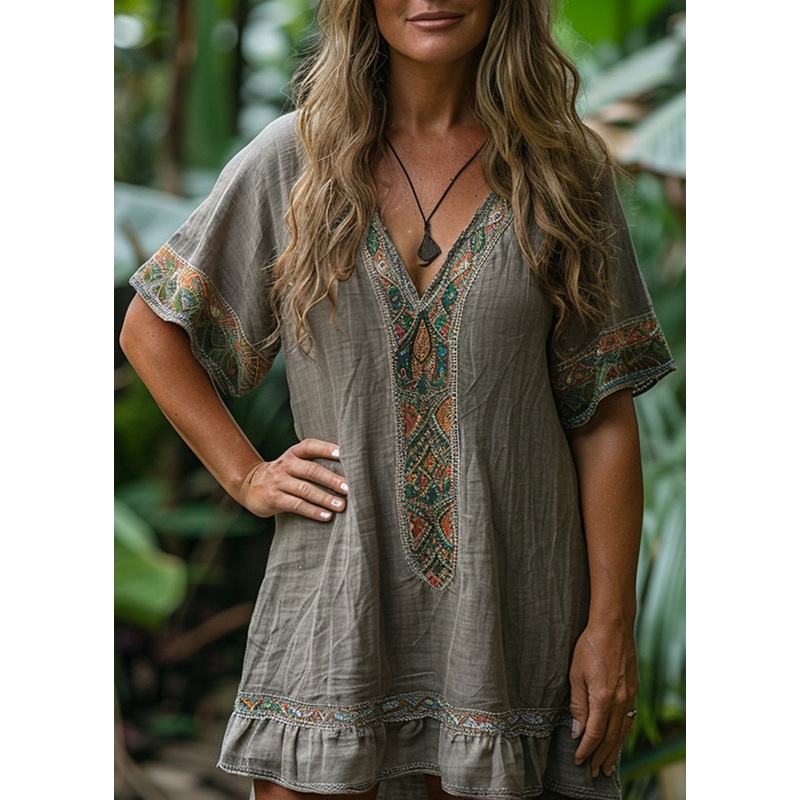 Boho Loose Grey V Neck Print Cotton Mid Dresses Summer