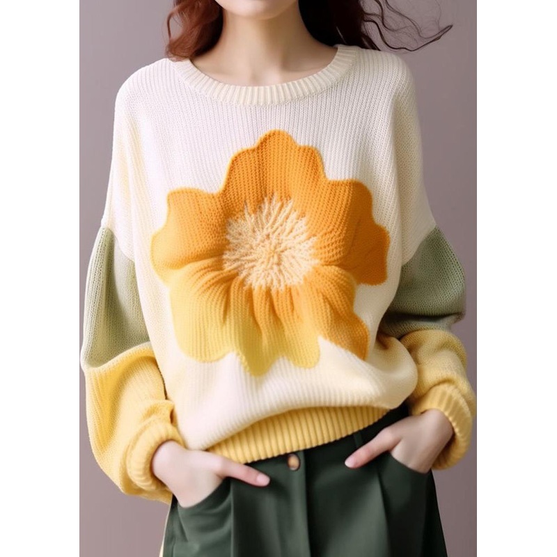 Boho White O Neck Print Patchwork Knit Tops Long Sleeve