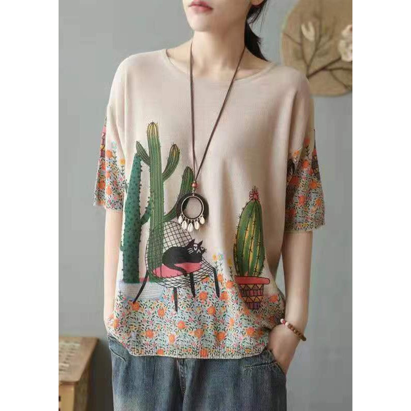 Camel Cozy Patchwork Cotton Knit Tops O Neck Summer