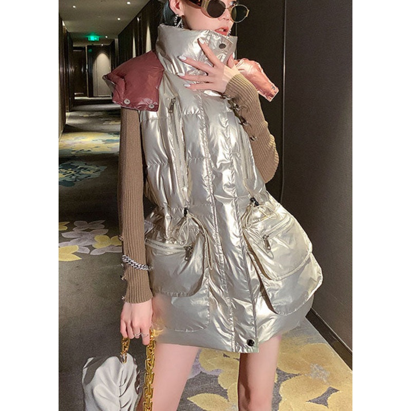 Casual Light gold U Neck drawstring Bow Winter Sleeveless Puffer Vest