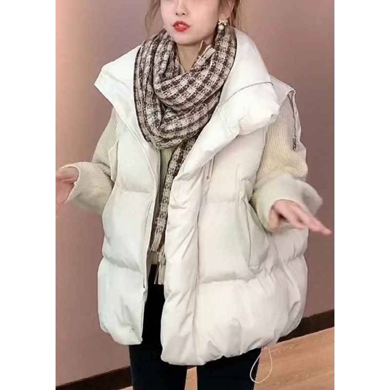 Casual White Loose Stand Collar Pockets Winter Puffer Vest