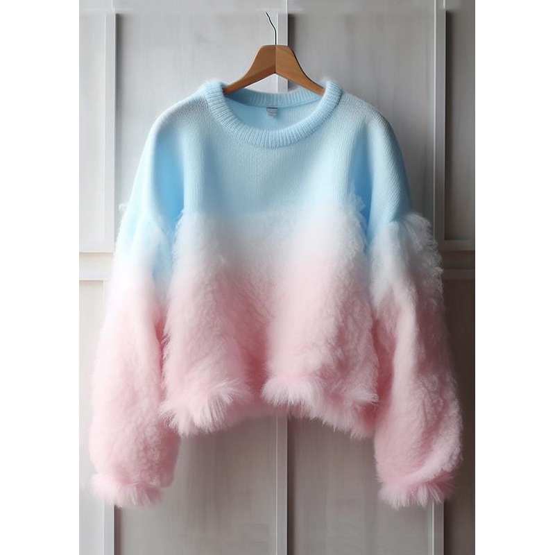 Chic Gradient Color Fluffy Patchwork Cozy Cotton Knit Sweaters Fall