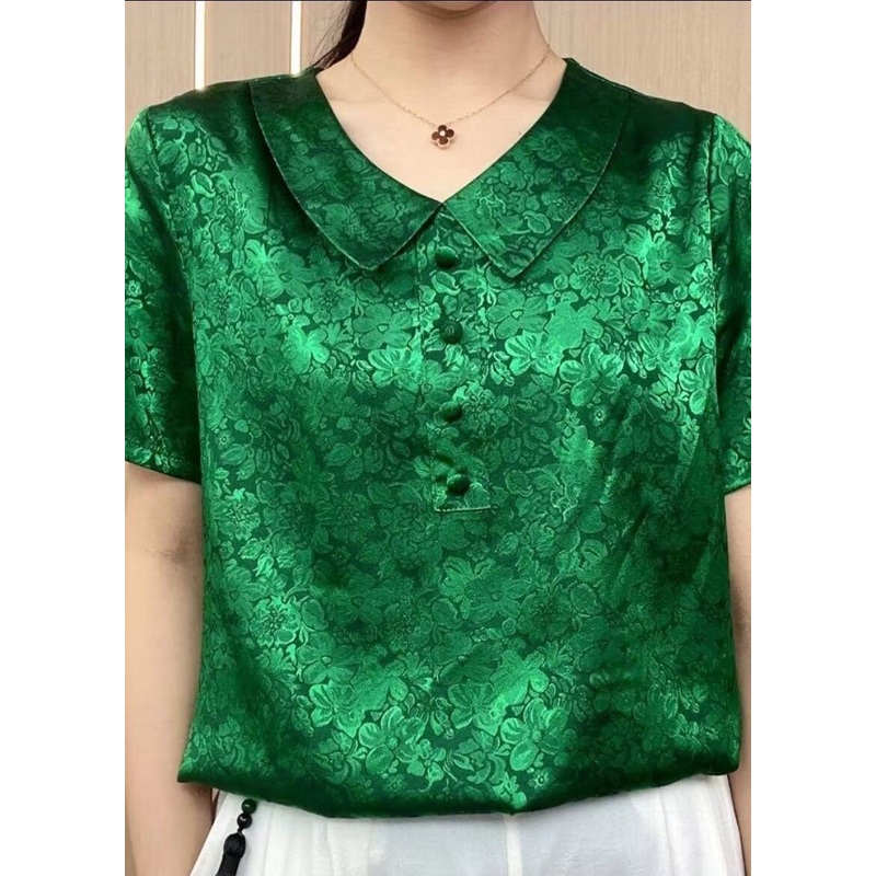 Chic Green Peter Pan Collar Print Patchwork Silk T Shirt Summer