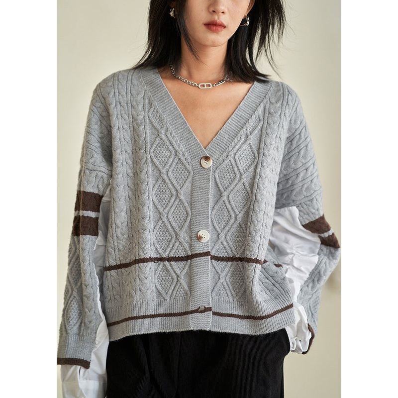 Chic Grey V Neck Button Patchwork Cotton Knit Top Fall