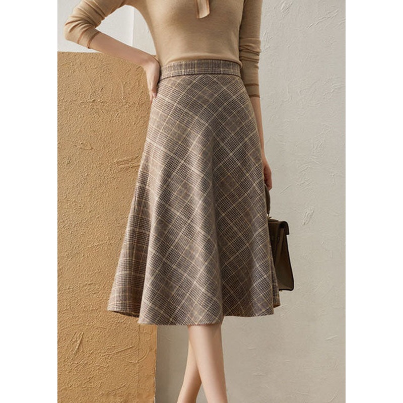 Chic Khaki High Waist Plaid romantic Fall Woolen Skirt