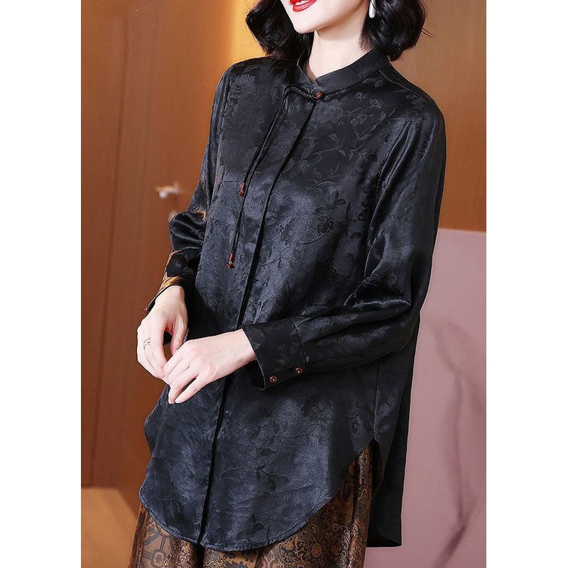 Chinese Style Black Tasseled Jacquard Patchwork Silk Blouses Long Sleeve