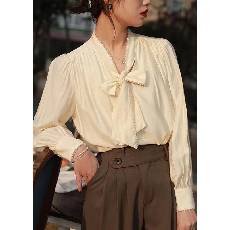 Classy Apricot Lace Up Pearl Patchwork Cotton Blouses Fall