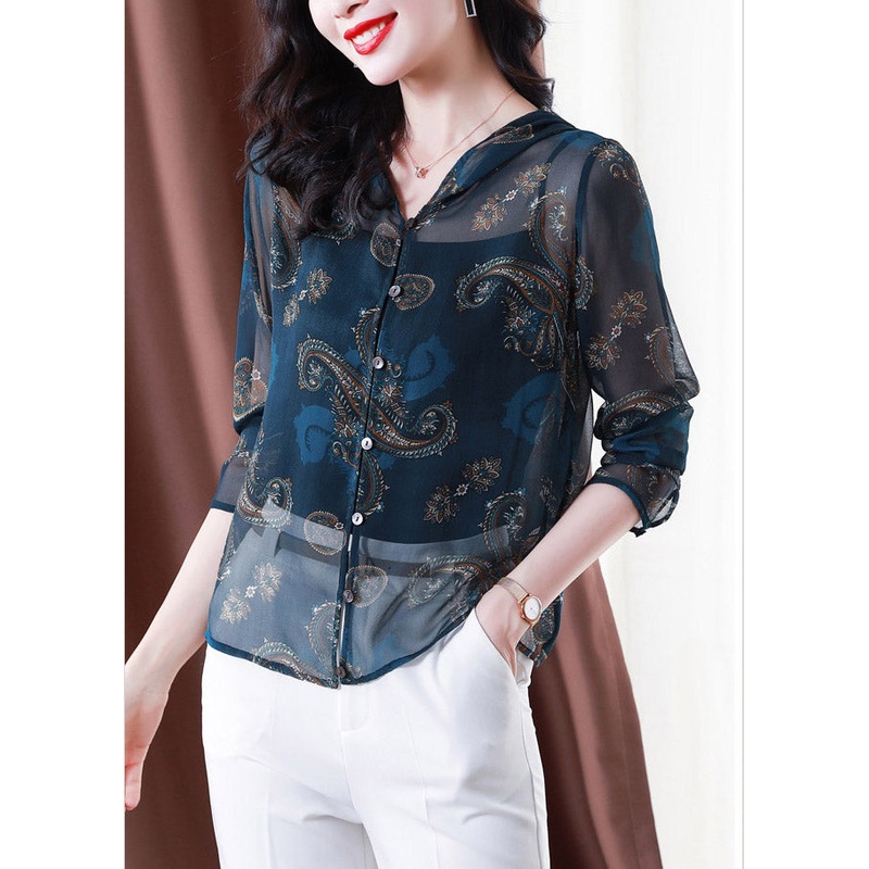 Classy Blue Embroideried Button Hooded Tulle Coat Long Sleeve