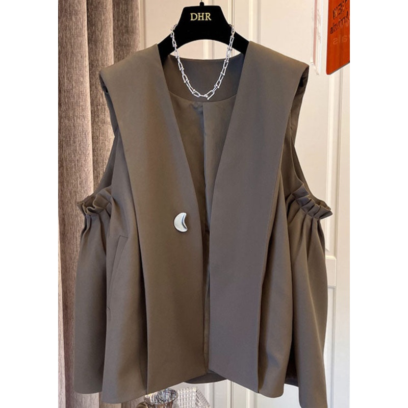 Classy Khaki fashion pleated Pockets Fall Sleeveless Waistcoat