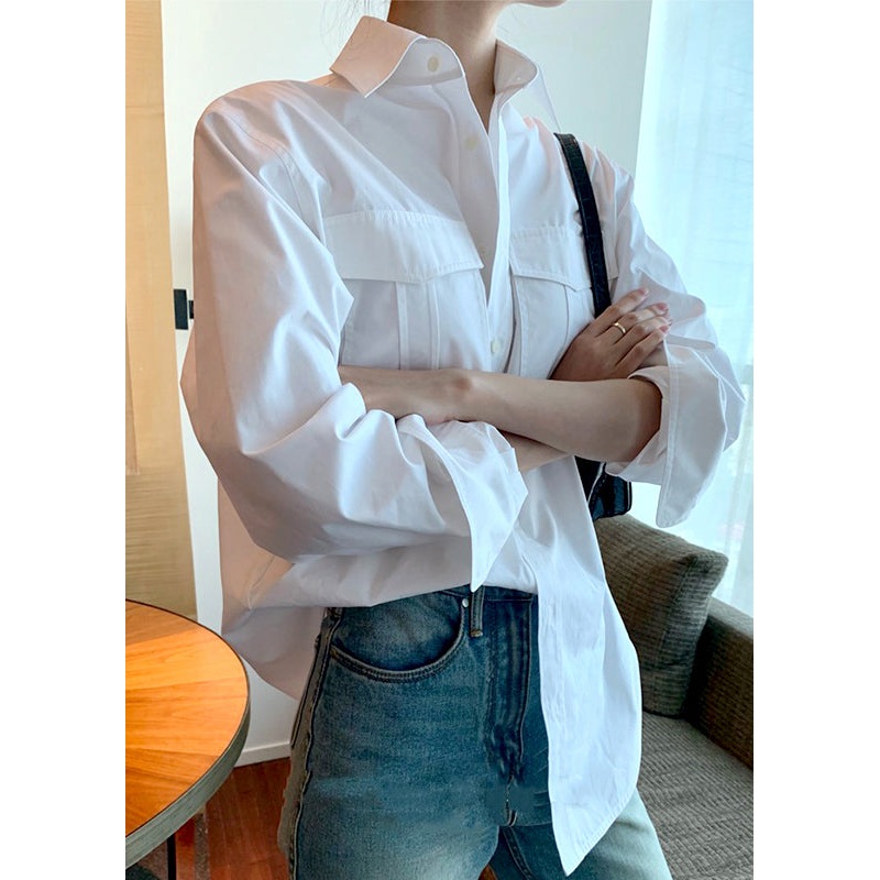 Classy White Peter Pan Collar Button Patchwork Cotton Shirts Fall