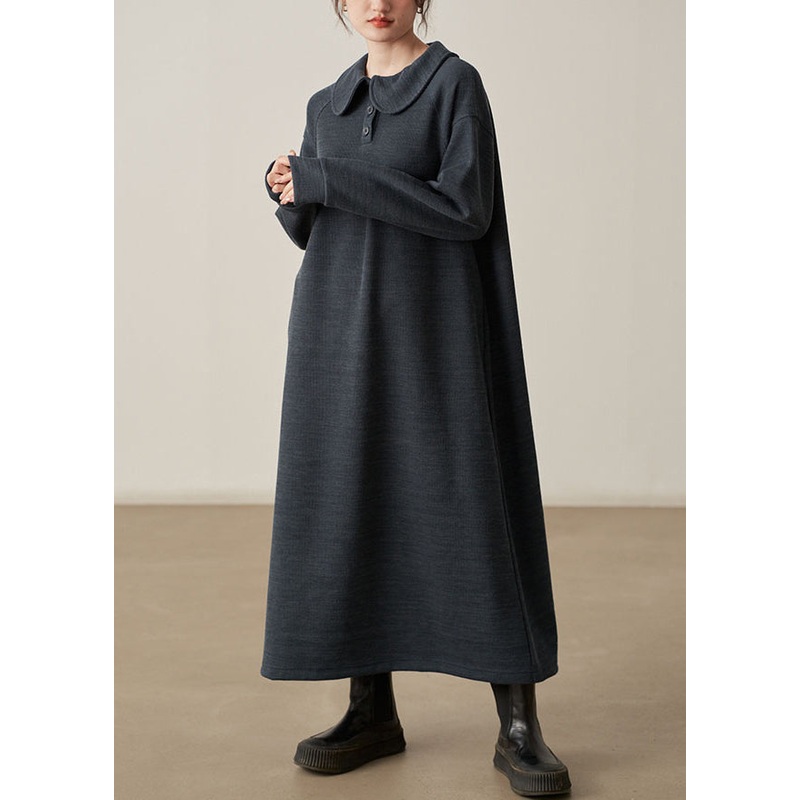 Dark Gray Patchwork Cotton Knit Dresses Peter Pan Collar Long Sleeve