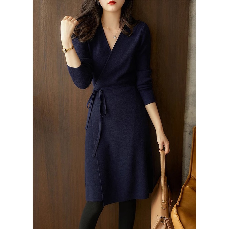 Elegant Navy V Neck Lace Up Patchwork Cotton Knit Mid Dress Fall