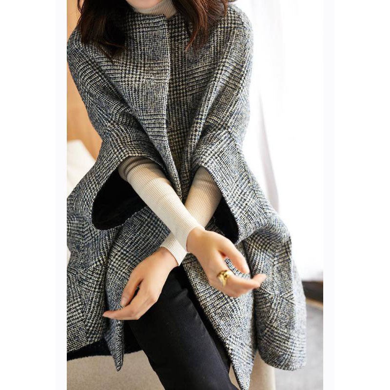 Fine Grey Plaid O-Neck Button Fall Woolen Three Quarter sleeve parka