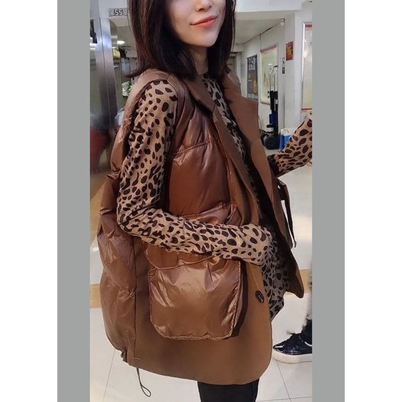 Fitted Chocolate Pockets Patchwork Winter Puffer Vest Sleeveless