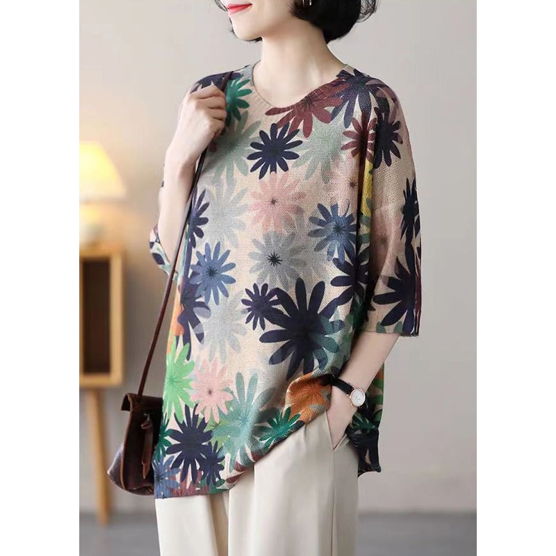 Floral O Neck Print Patchwork Cozy Cotton Knit Top Half Sleeve