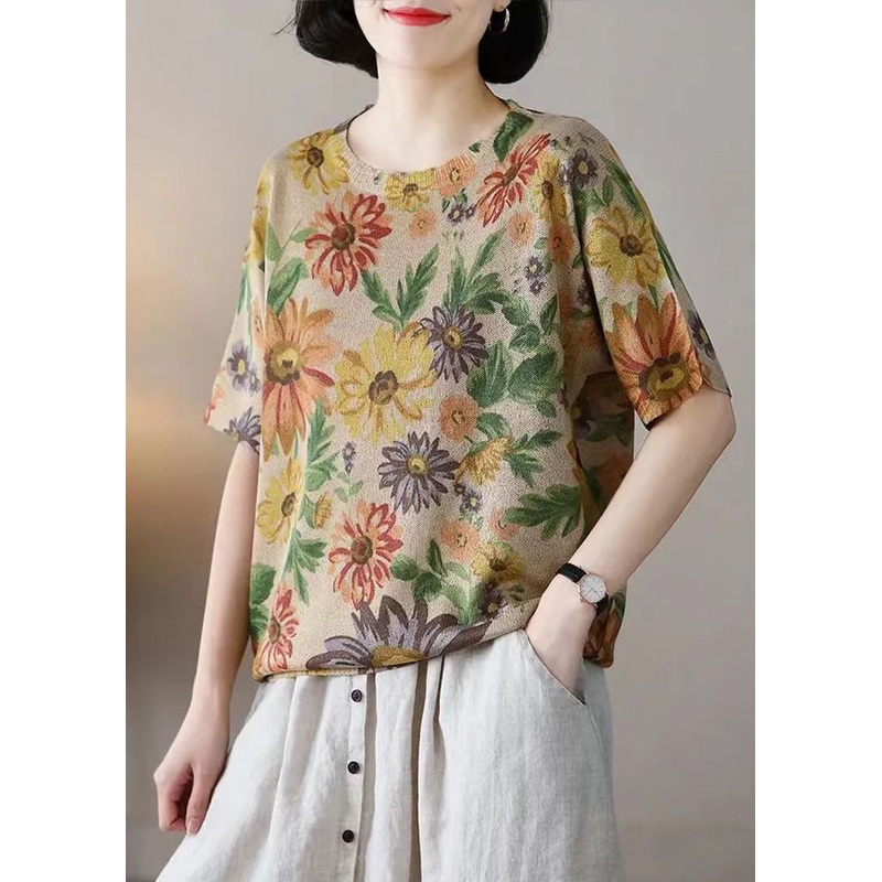 Floret Print Patchwork Cotton Knit T Shirts O-Neck  Summer