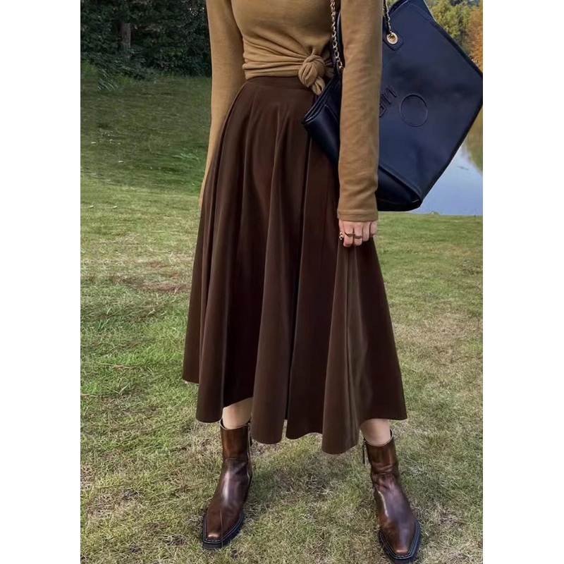 French Coffee High Waist Pockets Patchwork Silk Velour Skirt Fall