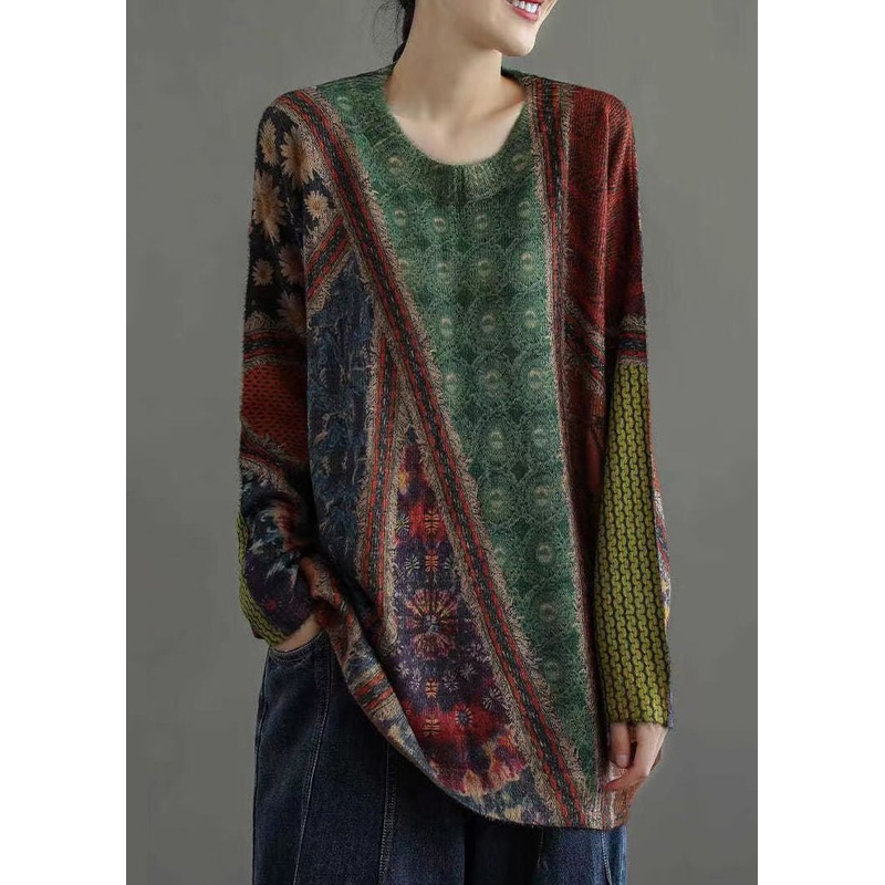 French Green Print Patchwork Chunky Mink Hair Knitted Tops Fall