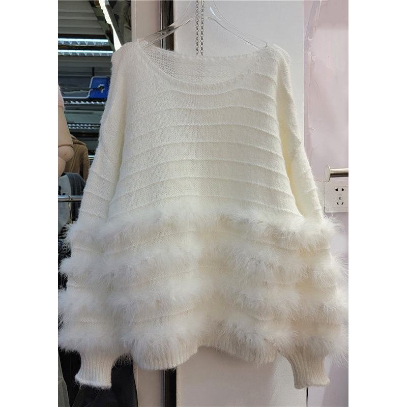 French White O-Neck Rabbit Hair Patchwork Cotton Knit Top Fall