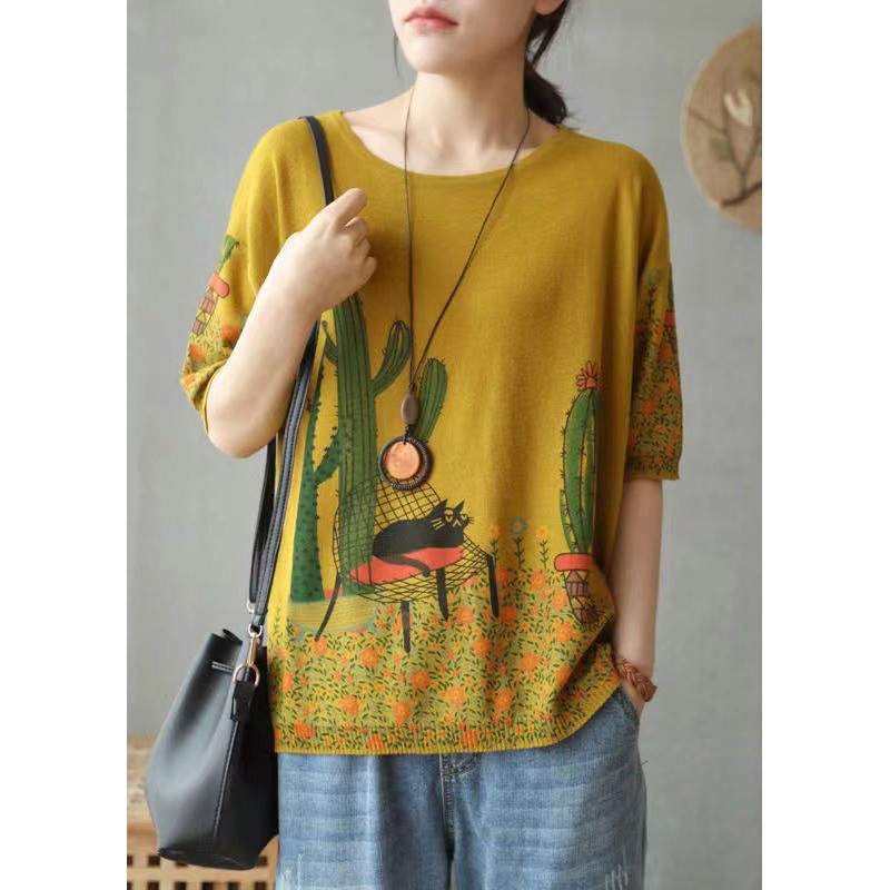 French Yellow Print Patchwork Cotton Knit T Shirts Short Sleeve