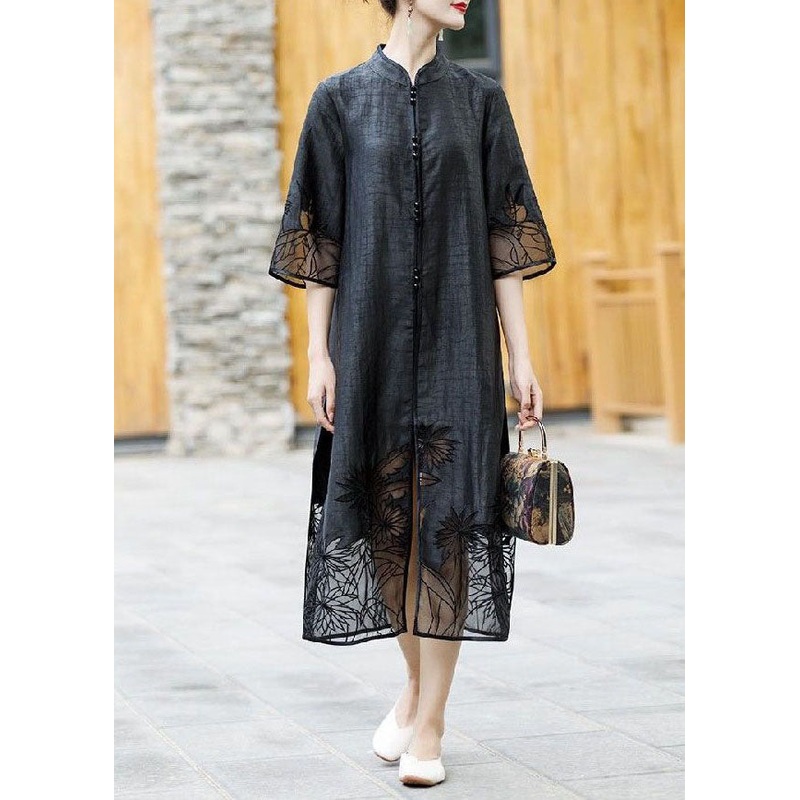 Handmade Black Embroideried Side Open Patchwork Silk Trench Summer