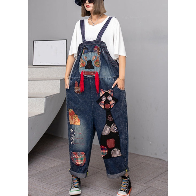 Handmade Blue Pockets High Waist Patchwork Overalls Jumpsuit Fall