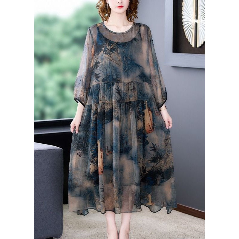 Italian Blue O-Neck Wrinkled Print Patchwork Silk Dress Two Pieces Set Summer