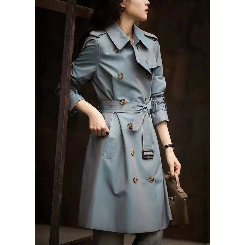 Italian Grey Blue Button Tie Waist Pockets Cotton Trench Coat Fall