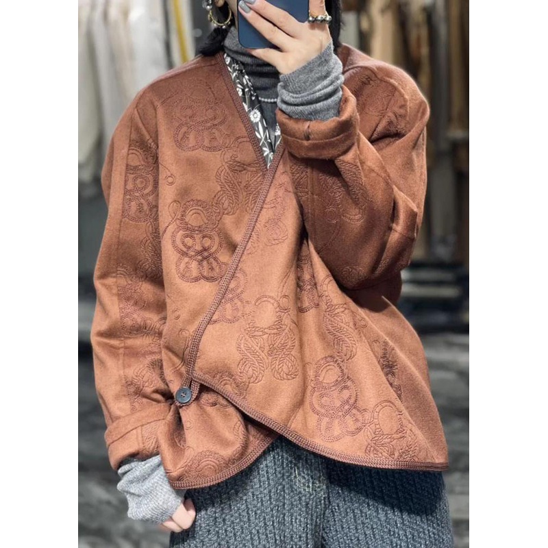 Jacquard Coffee Asymmetrical Button Patchwork Cotton Coat Fall
