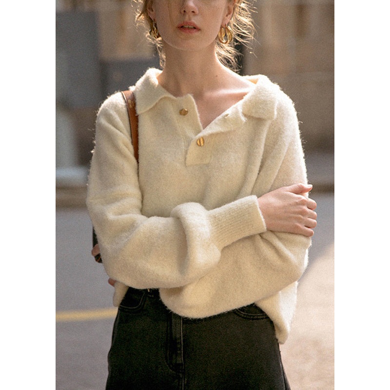 Loose Beige Peter Pan Collar Button Patchwork Cotton Knit Top Fall